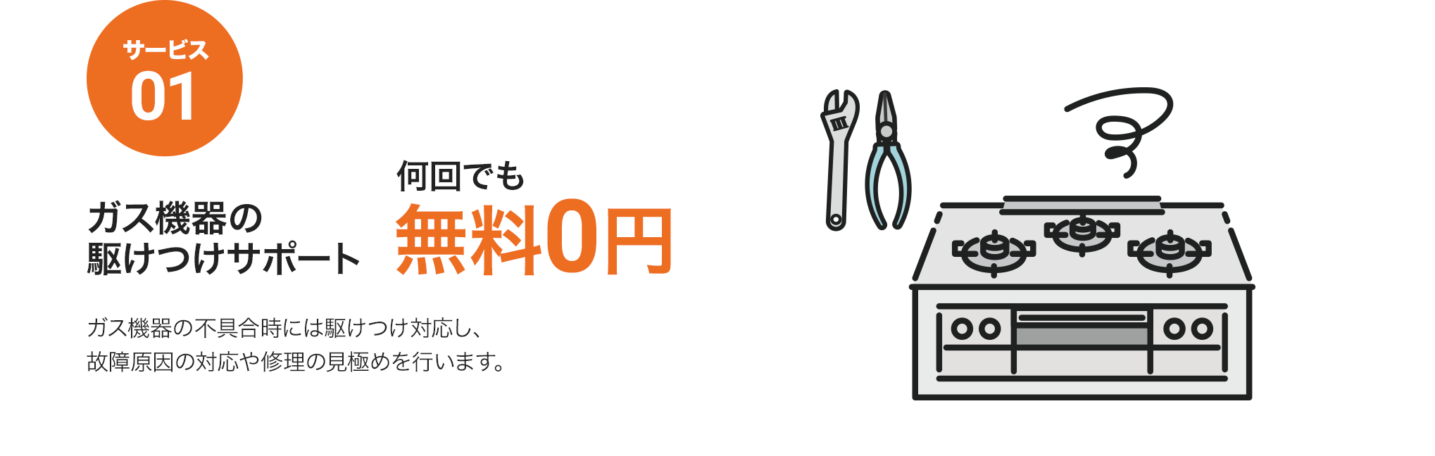 ガス機器の駆け付けサポート何回でも0円